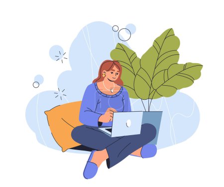 Photo for A vector illustration of a woman sitting with a laptop, a plant next to her, and a light blue background, depicting a comfortable work-from-home environment. - Royalty Free Image