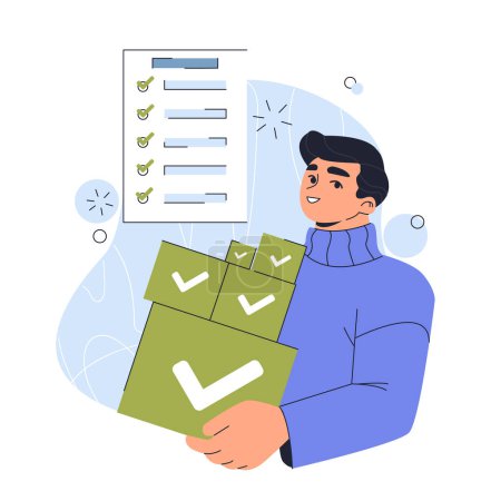 Animated male character holding checklist with green check marks, flat graphic style, on a light blue background, concept of organization. Flat simple style vector illustration