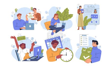 Photo for Individuals engaged in various work and leisure activities. Concepts of remote work benefits, limitations and workflow organization, productivity and balance. Set of modern flat vector illustrations - Royalty Free Image