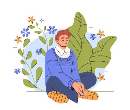 Photo for Illustration of a person sitting among stylized plants and flowers, flat graphic style, on a light background, concept of mental health and tranquility. vector illustration - Royalty Free Image