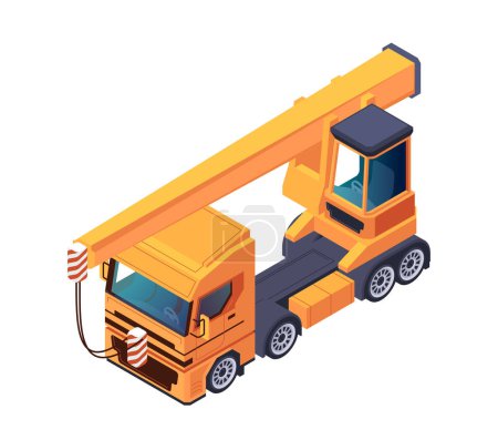 Ilustración isométrica de un camión grúa amarillo, concepto de construcción. Ilustración vectorial fondo blanco aislado