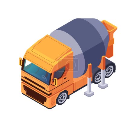 Camión mezclador de concreto naranja isométrico aislado en blanco, ilustración vectorial moderna que expresa el concepto de construcción