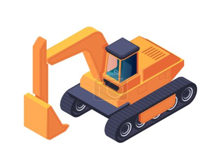 Orange excavator illustrated in isometric style, displayed on a white background, concept of construction machinery. Vector illustration isolated on white background