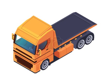 Camión volquete naranja sobre un fondo blanco, mostrando el transporte. Ilustración isométrica vectorial aislada sobre fondo blanco