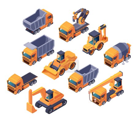 Eine Sammlung verschiedener isometrischer Baufahrzeuge isoliert auf weißem Hintergrund, Vektorillustration, die Transport- und Maschinenausrüstung darstellt