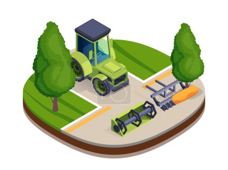Photo for Isometric farm tractor and equipment on a patch of land with trees, in vector illustration style on a plain background, concept of agriculture. - Royalty Free Image