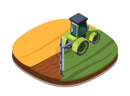 A vector illustration of a green tractor on a field, with a cutaway showing soil layers, on a white background, concept of agriculture
