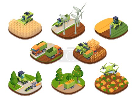 Photo for Isometric agricultural icons featuring various farm vehicles, wind turbines, and produce on a white background, depicting modern farming. vector illustration - Royalty Free Image