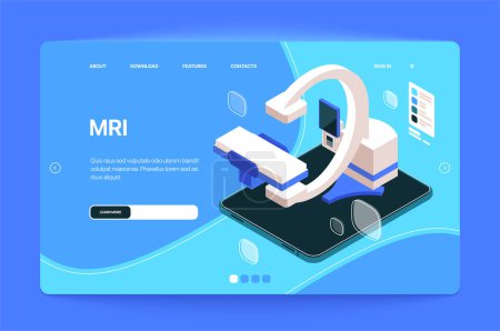 Photo for Isometric illustration of an MRI machine on a smartphone interface, with navigation options, on a blue gradient background, concept of medical technology. Website template. Vector illustration - Royalty Free Image