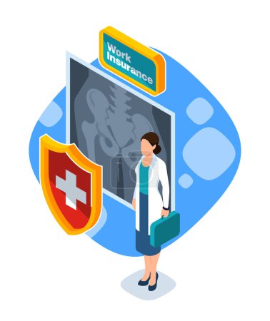Eine Vektor-Illustration, die einen Mediziner mit einem Schild zeigt, symbolisiert das Konzept der Arbeitsversicherung auf blauem Hintergrund
