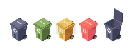 Photo for Isometric recycling bins for metal, glass, paper, and plastic, concept of waste sorting. Set of vector illustrations isolated on white background - Royalty Free Image