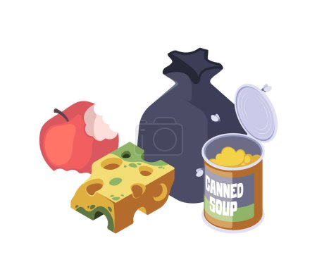 Manzana picada, queso, bolsa de basura, y una sopa enlatada abierta, concepto de comida. Ilustración vectorial aislada sobre fondo blanco