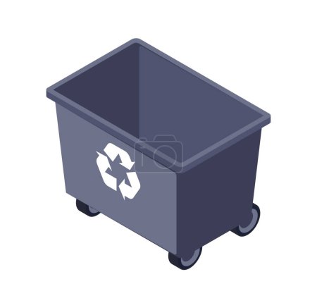 Poubelle de recyclage avec roues, concept de gestion des déchets. Illustration vectorielle isolée sur fond blanc