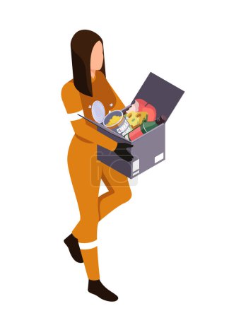 Mujer cargando desperdicios de comida en una caja. Ilustración isométrica vectorial aislada sobre fondo blanco
