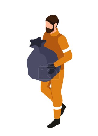 Photo for Man in an orange suit carrying a large garbage sack, concept of work. Vector illustration isolated on white background - Royalty Free Image