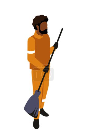 Photo for Man in orange uniform holding broom, isolated on a white background, concept of cleaning service. Vector illustration isolated on white background - Royalty Free Image