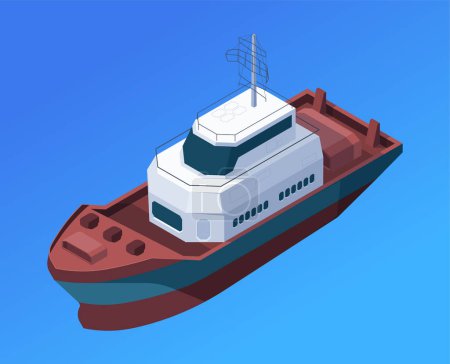 Ilustración de Ilustración isométrica vectorial de un buque de carga aislado sobre un fondo azul, que representa el transporte marítimo - Imagen libre de derechos