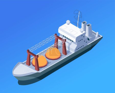 Illustration for Isometric cargo ship with containers isolated on a blue background, vector illustration of maritime transport - Royalty Free Image