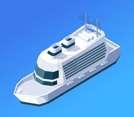 Schiffs-Kreuzfahrtschiff auf blauem Grund, Reise- und Transportkonzept. Isolierte isometrische Vektorabbildung