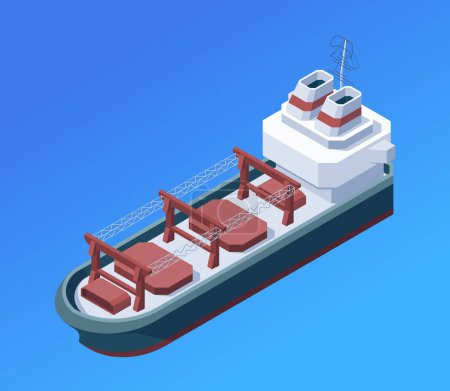 Ilustración de Un vector isométrico ilustración de un buque de carga con contenedores sobre un fondo azul, que representa el concepto de transporte - Imagen libre de derechos