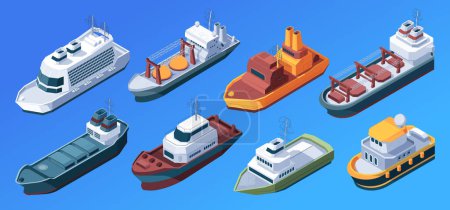 Sammlung verschiedener isometrischer Schiffe auf blauem Hintergrund, Seeverkehr. Set von isometrischen Vektordarstellungen isoliert auf blauem Hintergrund