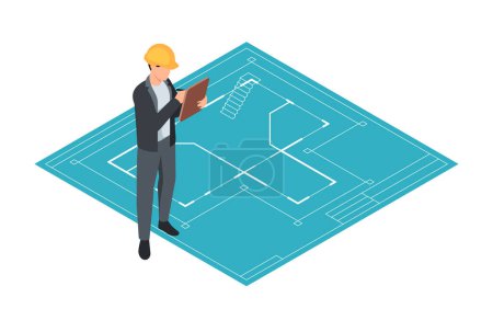 Isometric illustration of an architect with a clipboard on a blueprint background, symbolizing project planning. Vector illustration isolated on white background