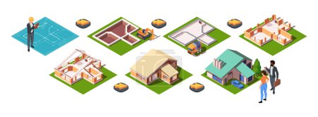 Photo for An isometric vector illustration of housing construction stages with characters and vehicles isolated on a white background, showcasing the building process - Royalty Free Image