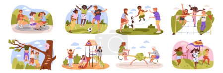 Photo for Children engaged in various outdoor activities depicted in a colorful, showcasing the concept of childhood play. Set of cartoon style vector illustrations isolated on white background - Royalty Free Image