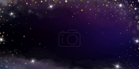 Photo for Magic night dark blue frame. Sparkling glitter bokeh lights design with purple to black gradient background, cosmic theme, wedding card, confetti, navy background. Christmas dust. Vector illustration - Royalty Free Image
