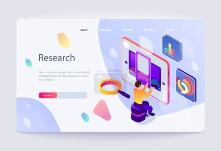 Photo for Conducting research on a digital tablet with various data visualization graphics, on a light abstract background, concept of analytics. Website template. Isometric vector illustration - Royalty Free Image