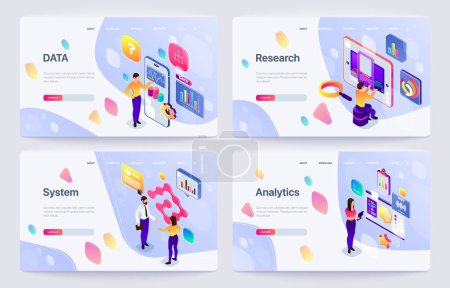 Photo for Collection of web page designs featuring characters with digital elements, abstract shapes background, concept of website and app development. Set of modern isometric vector illustrations - Royalty Free Image