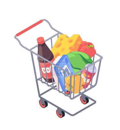 Photo for A full shopping cart with various groceries, 3d isometric vector illustration on a plain background, concept of shopping - Royalty Free Image