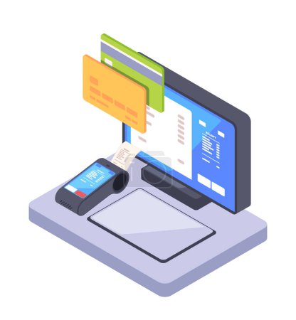Photo for Digital payment concept with cards popping out of a computer monitor, isometric style on plain background, 3d vector illustration - Royalty Free Image