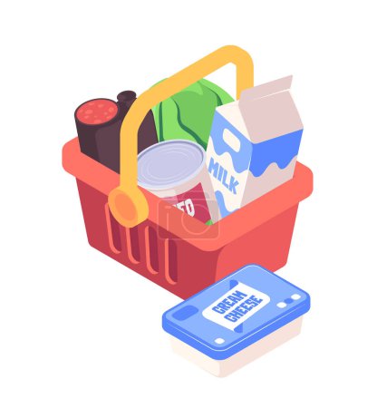Isometric vector illustration of a shopping basket with various groceries, set against a white background, depicting the concept of retail