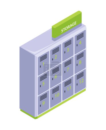 Illustration vectorielle isométrique d'un casier de rangement avec casiers numérotés sur fond clair, concept isométrique d'organisation et de sécurité