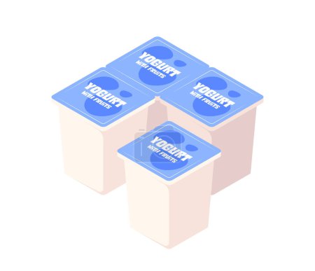 Illustration von vier Joghurtverpackungen, die in einem Muster, isometrischem Stil, auf hellem Hintergrund angeordnet sind, Konzept der Milchprodukte. Vektor-Illustration isoliert auf weißem Hintergrund