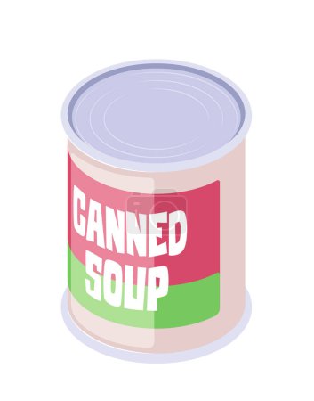 A canned soup with a simple design on a plain background, depicting the concept of food packaging. Vector illustration isolated on white background