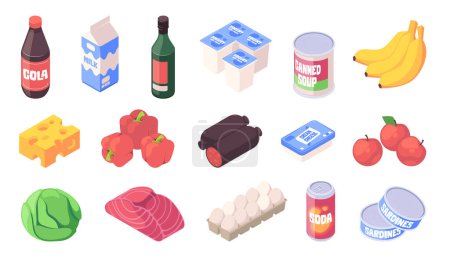 Illustration for Assorted groceries in isometric vector illustration style on a light background, concept of shopping and food items. Set of isometric vector illustrations isolated on white background - Royalty Free Image