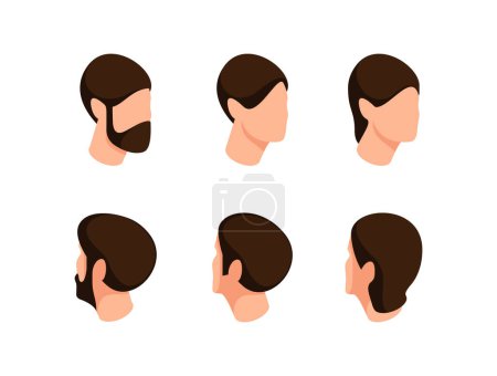Constructor isométrico para crear carácter. Seis ilustraciones vectoriales de cabezas de perfil masculino. Diferentes peinados y estilos de barba aislados sobre fondo blanco. Diversidad en el cuidado de los hombres