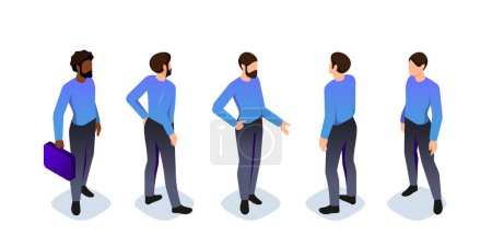 Photo for Isometric constructor to create male character. Set 5 poses for the movement of characters. Set of isometric vector illustrations of men in business casual attire, isolated on a white background - Royalty Free Image