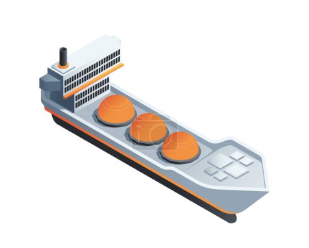 Illustration vectorielle isométrique d'un pétrolier ou d'un cargo avec des citernes orange sur fond blanc, représentant le transport d'hydrocarbures et de liquides.