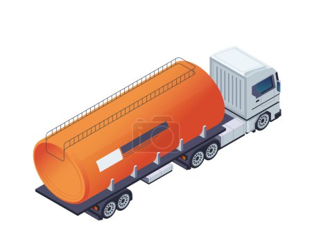 Ilustración de Camión cisterna naranja sobre fondo blanco, que simboliza la logística y el transporte. Ilustración isométrica vectorial aislada sobre fondo blanco - Imagen libre de derechos