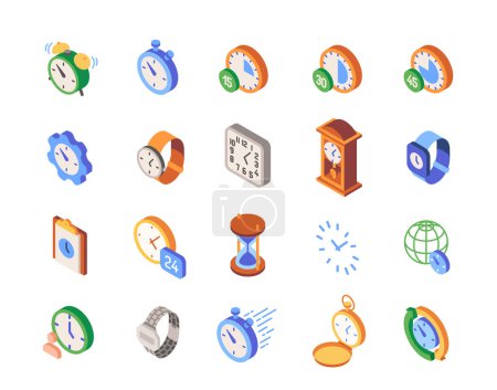 Photo for Collection of various types of clock icons in isometric style, on a white background, concept of time management. Set of colored vector illustrations isolated on white background - Royalty Free Image