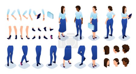 Isometric constructor to create a female character. Set of separate body parts, hands, feet, hair poses, gestures for movement of characters. Set of vector illustrations isolated on white background.