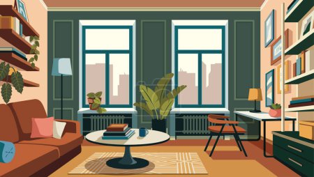 Photo for Cozy reading nook with sofa, bookshelves, plants. Cozy apartment furnished with sofa, shelves and chairs. Trendy contemporary home interior design. Flat vector illustration with an urban window view - Royalty Free Image
