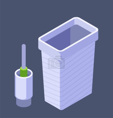 Photo for Isometric vector illustration of a bathroom trash bin and toilet brush, on a dark background, depicting cleanliness and hygiene - Royalty Free Image