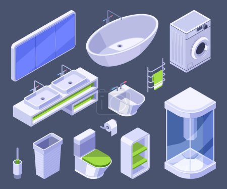 Photo for Isometric bathroom elements including a bathtub, sink, washing machine, and shower on a dark background, set of isolated vector illustrations - Royalty Free Image