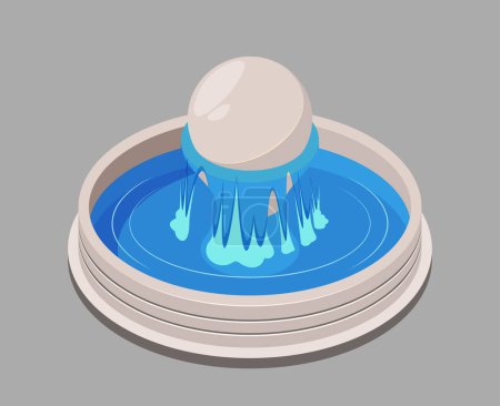 Téléchargez les illustrations : Illustration vectorielle d'une fontaine stylisée avec de l'eau bleue sur fond gris, représentant la tranquillité - en licence libre de droit