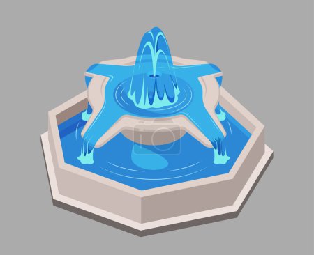 An illustration of a blue fountain on a hexagonal base, in vector style, set against a grey background, depicting tranquility. vector illustration