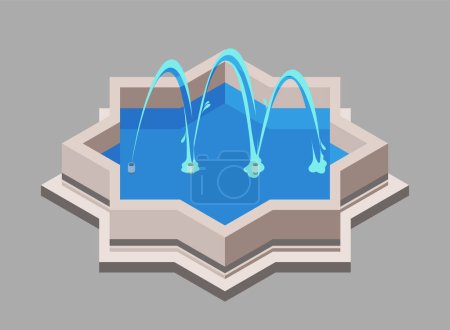 Una ilustración vectorial de una fuente de agua estilizada con chorros de agua arqueados sobre un fondo gris simple, que representa un concepto de diseño urbano.